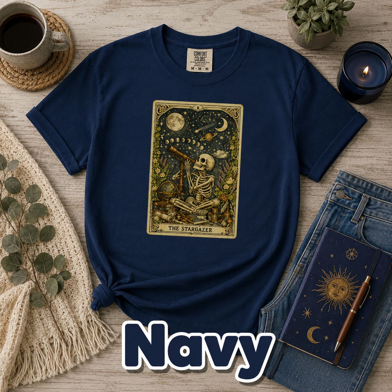 The Stargazer Tarot Skeleton T-Shirt | Celestial Gothic Mystic Graphic Tee