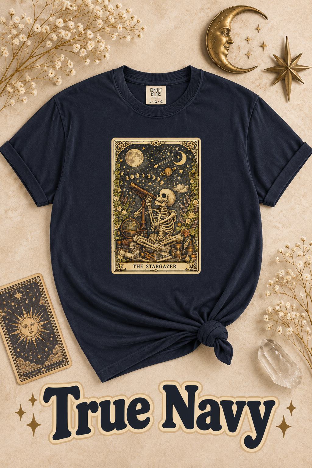The Stargazer Skeleton Celestial Tarot Graphic T-Shirt