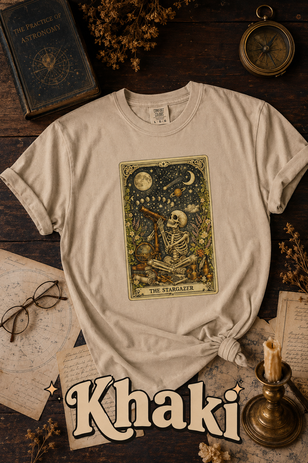 The Stargazer Skeleton Celestial Tarot Graphic T-Shirt