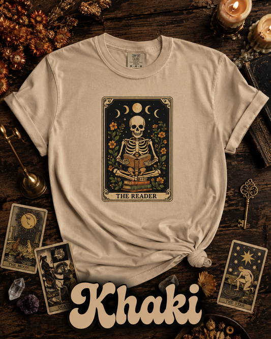 The Reader Skeleton Book Lover Tarot Graphic T-Shirt