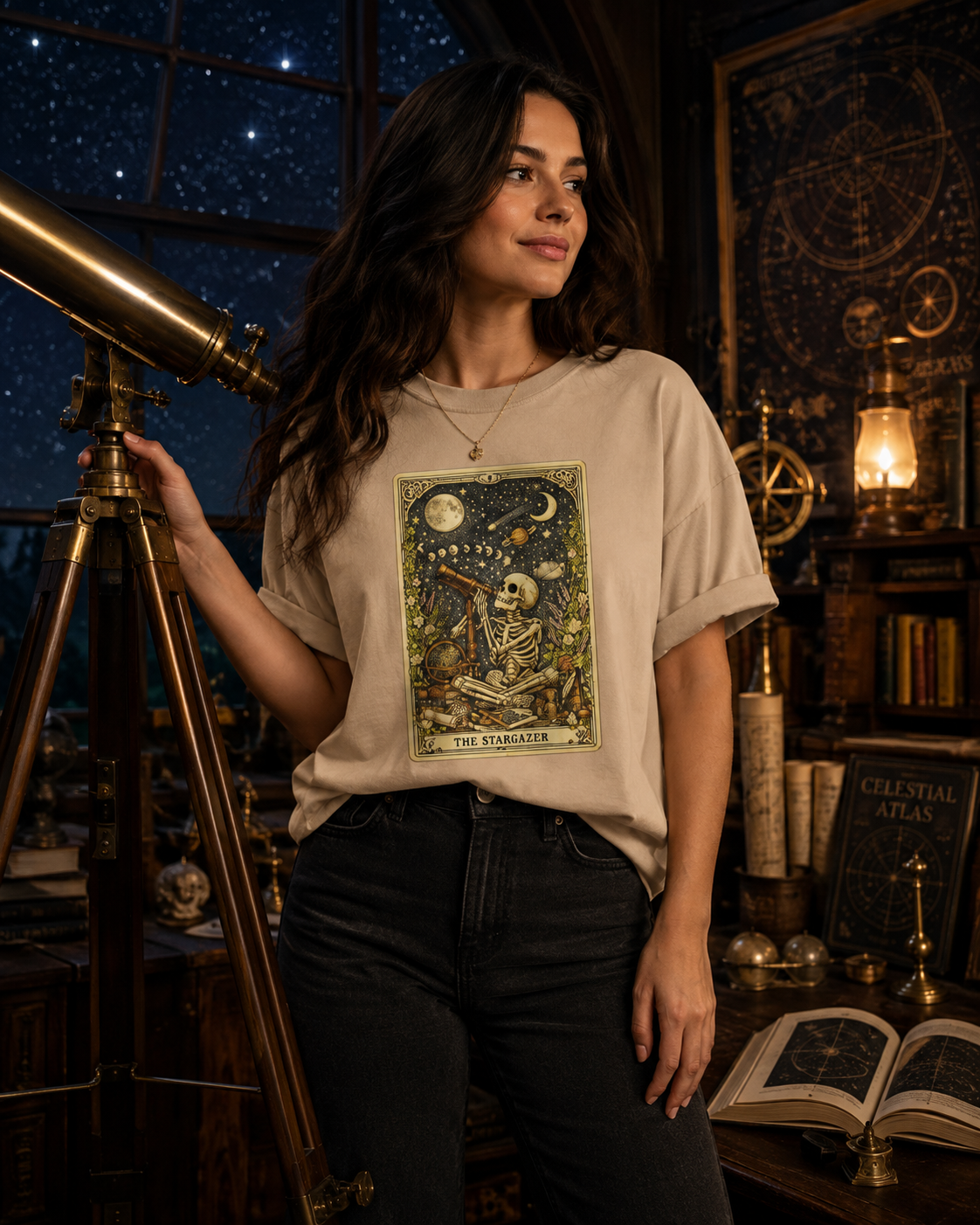 The Stargazer Skeleton Celestial Tarot Graphic T-Shirt