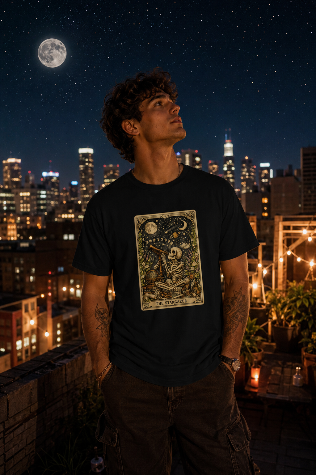 The Stargazer Tarot Skeleton T-Shirt | Celestial Gothic Mystic Graphic Tee