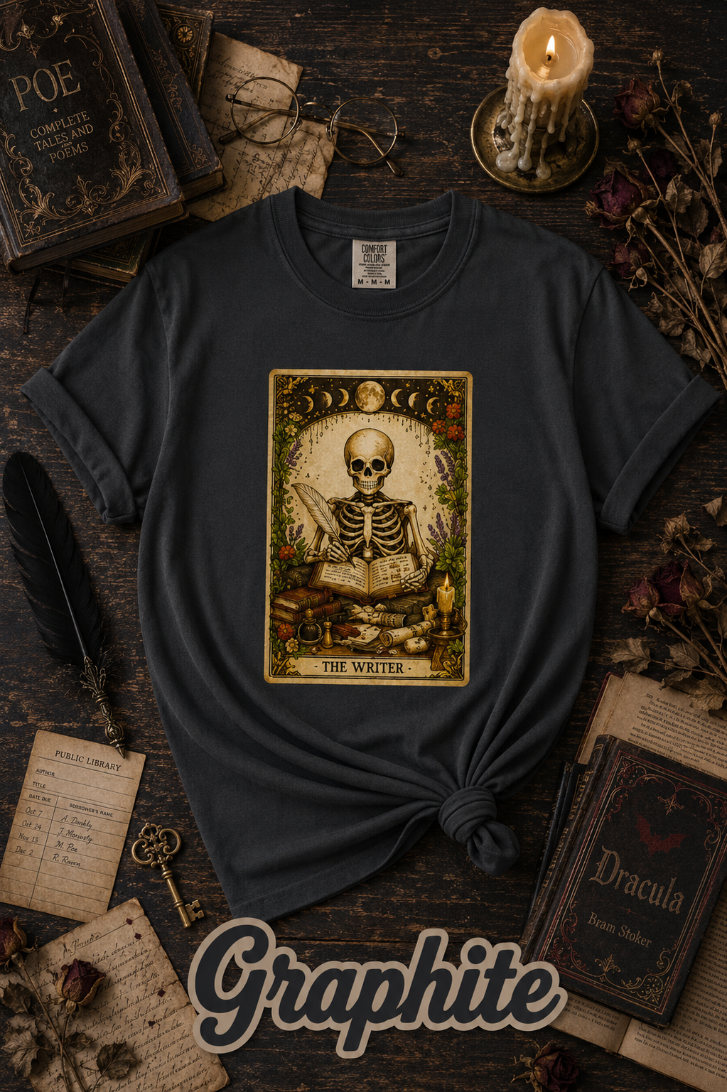The Writer Skeleton Tarot Card Graphic T-Shirt