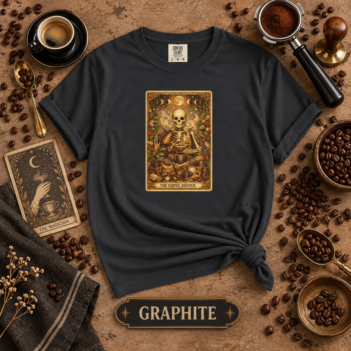 The Coffee Brewer Skeleton Tarot Card Graphic T-Shirt