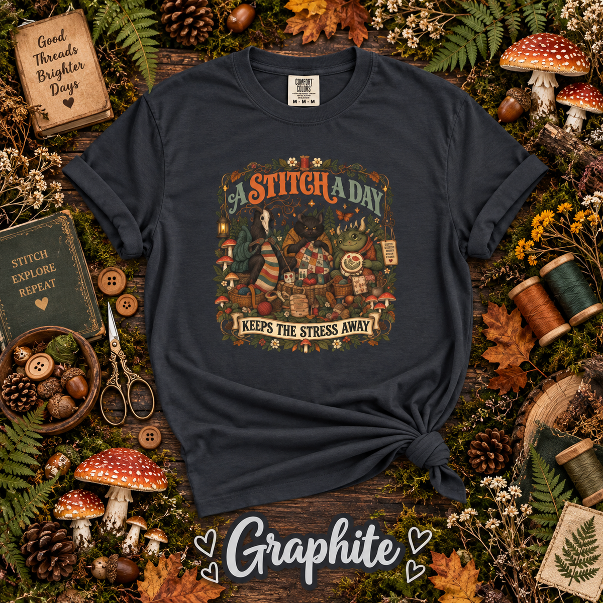 A Stitch a Day Keeps the Stress Away T-Shirt | Cozy Cryptid Craft Tee