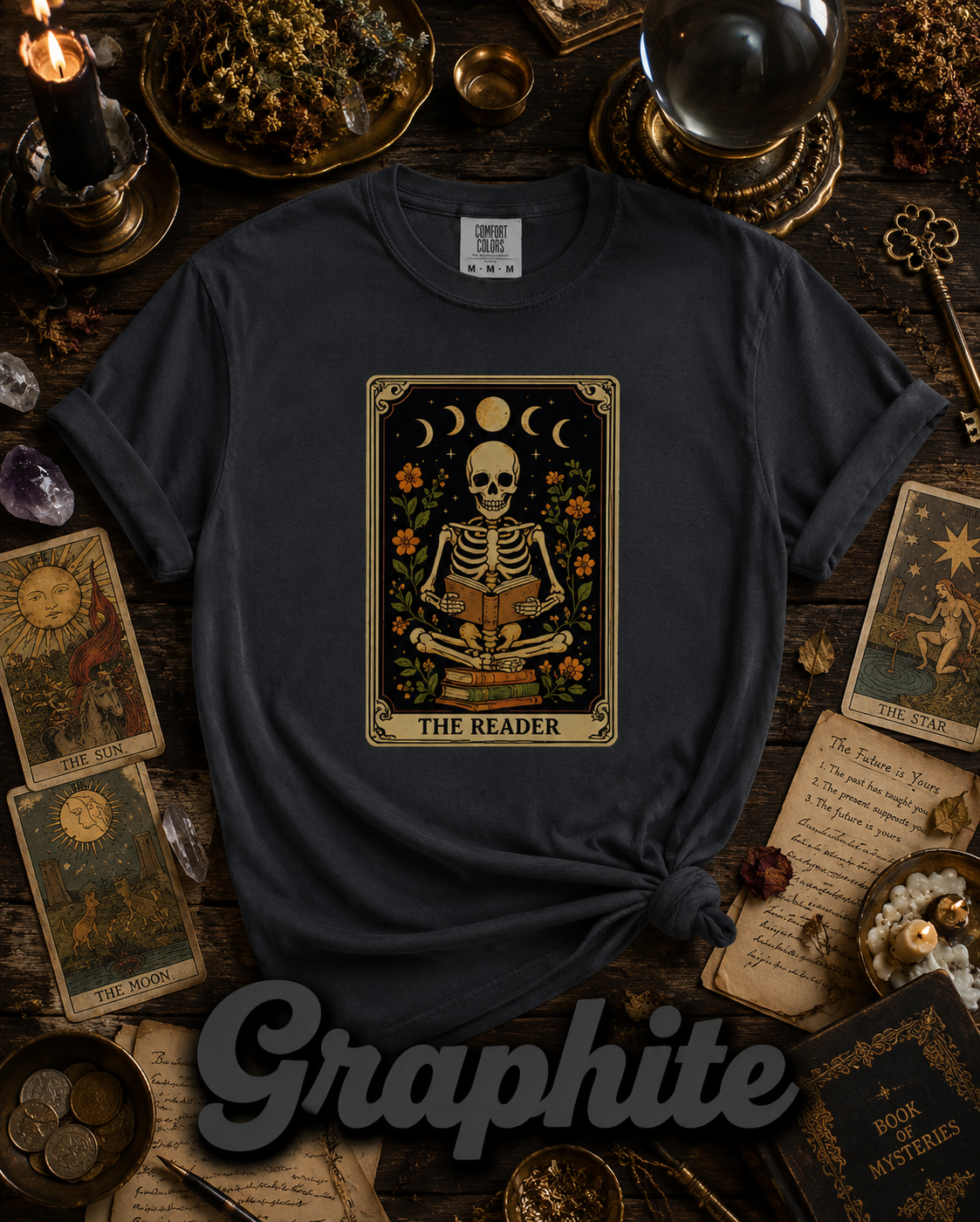The Reader Skeleton Book Lover Tarot Graphic T-Shirt