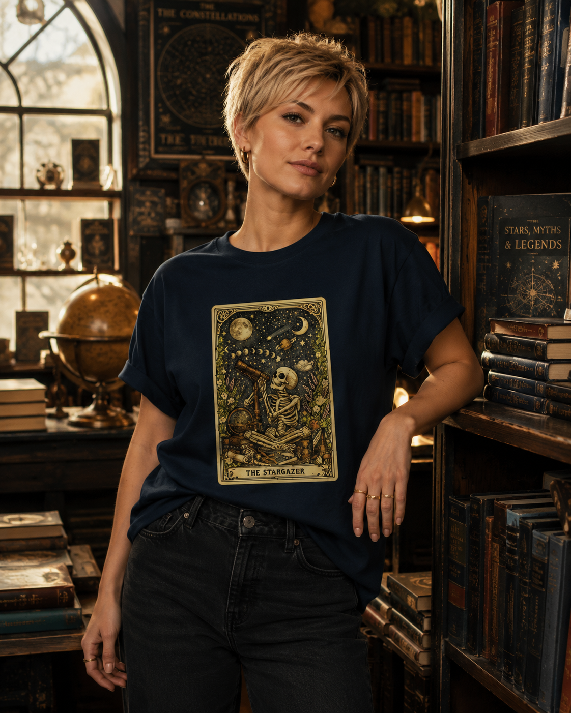 The Stargazer Skeleton Celestial Tarot Graphic T-Shirt