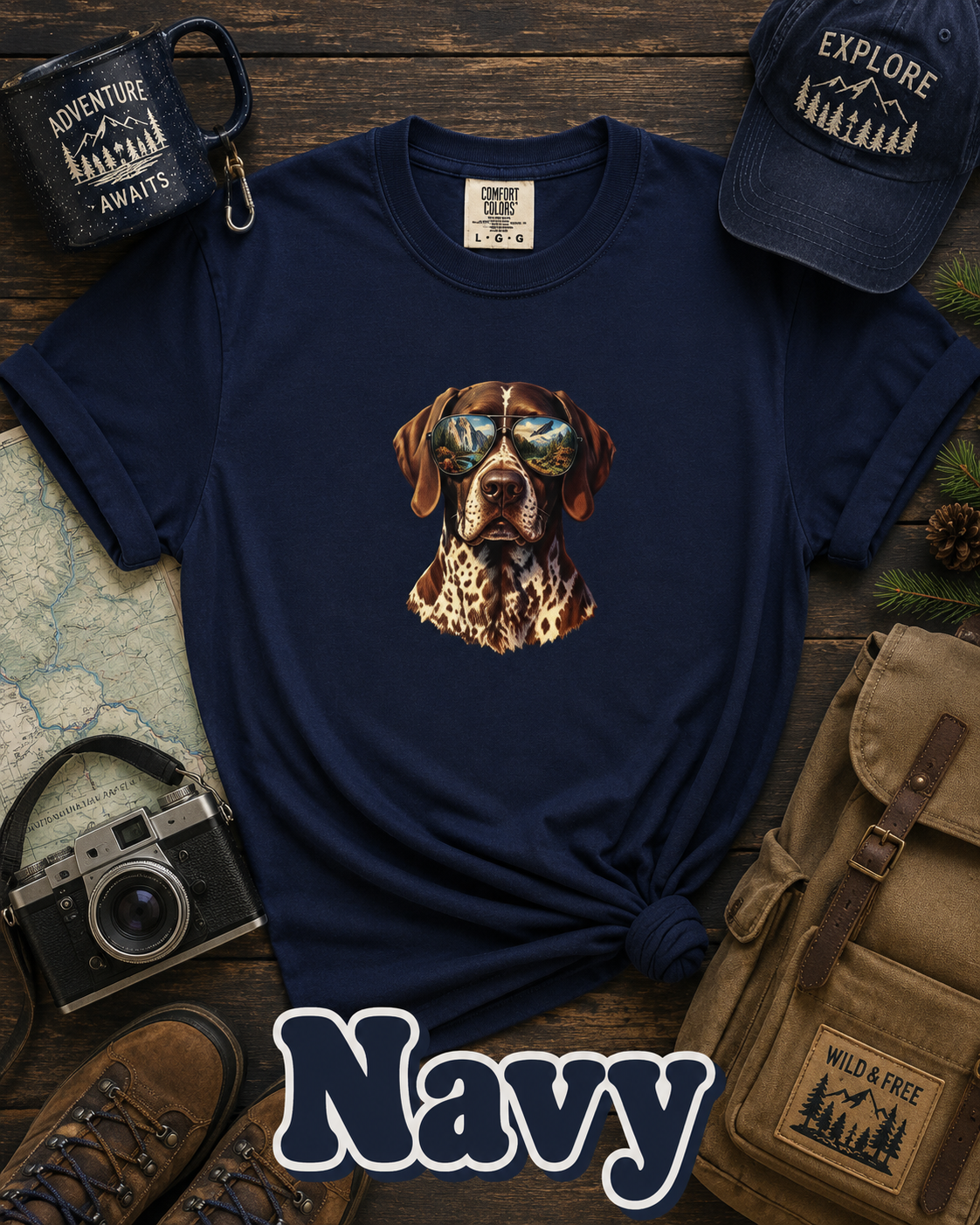 Adventure German Shorthaired Pointer Graphic T-Shirt | Scenic Aviator Dog Lover Tee | Outdoors & Hunting Dog Shirt