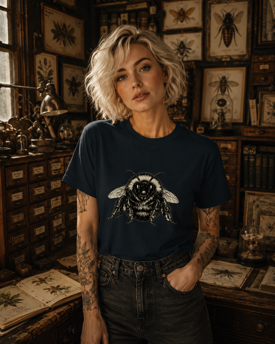Vintage Bumblebee Botanical Illustration Graphic T-Shirt
