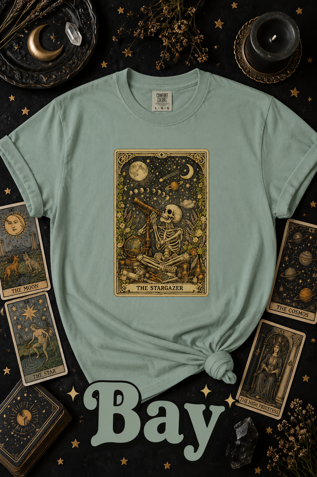 The Stargazer Skeleton Celestial Tarot Graphic T-Shirt