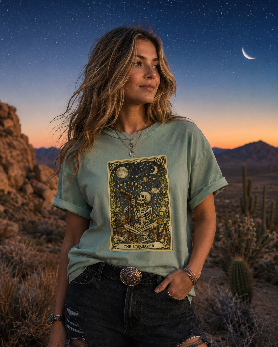 The Stargazer Skeleton Celestial Tarot Graphic T-Shirt