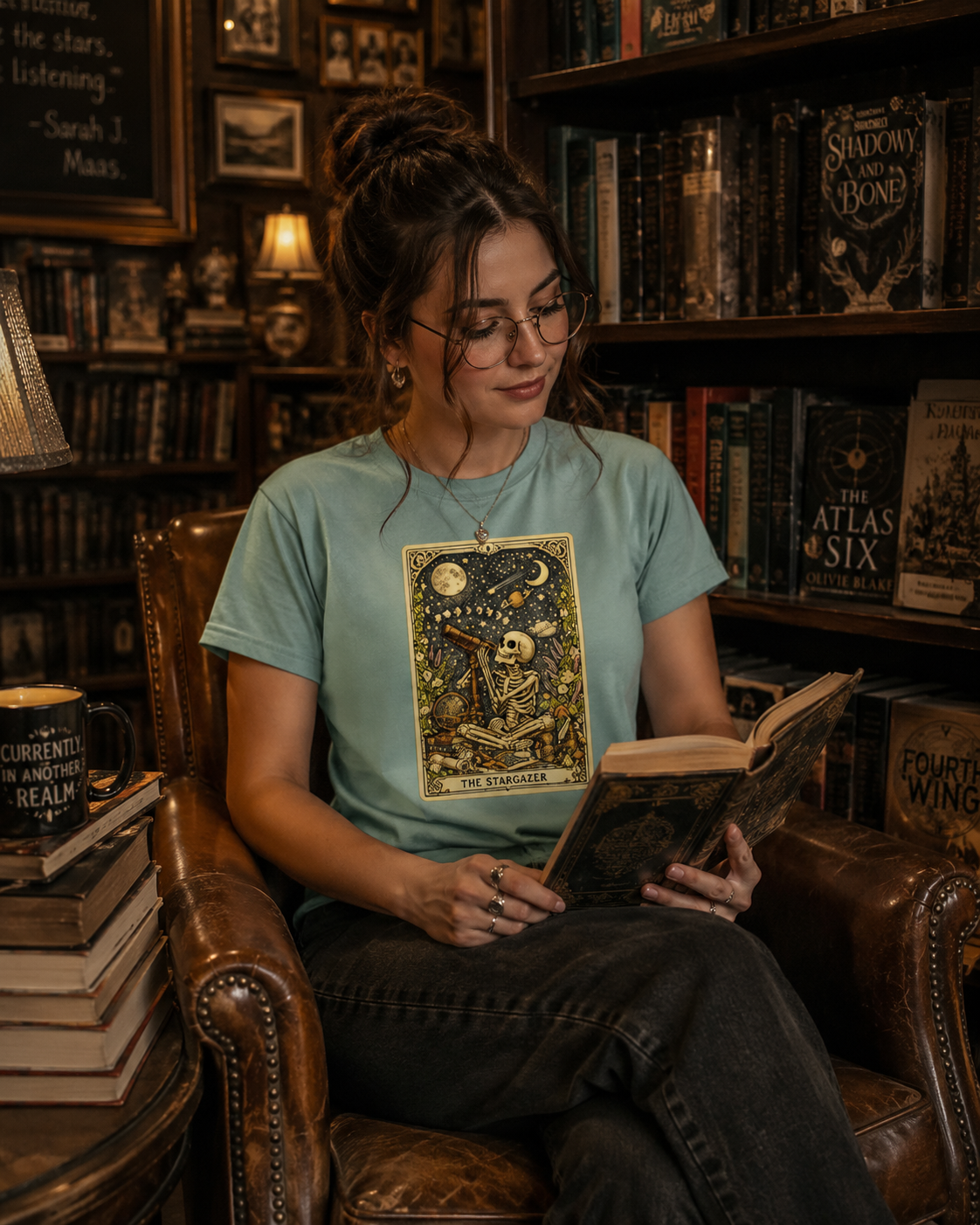 The Stargazer Tarot Skeleton T-Shirt | Celestial Gothic Mystic Graphic Tee