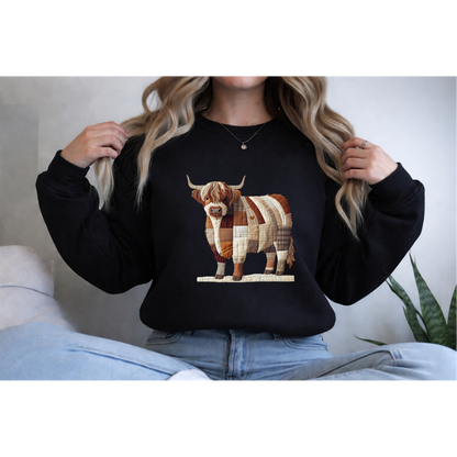 Patchwork Highland Cow Sweatshirt – Cozy Farm Animal Crewneck | Ember Heights