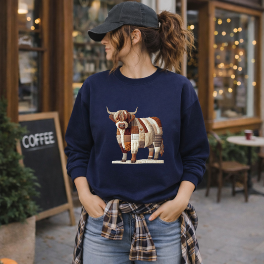 Patchwork Highland Cow Sweatshirt – Cozy Farm Animal Crewneck | Ember Heights