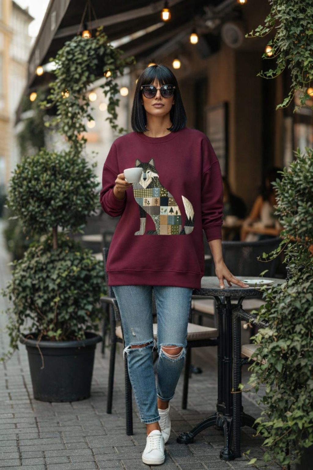 Patchwork Wolf Sweatshirt – Cozy Woodland Animal Crewneck | Ember Heights