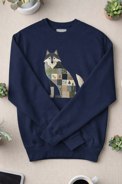 Patchwork Wolf Sweatshirt – Cozy Woodland Animal Crewneck | Ember Heights