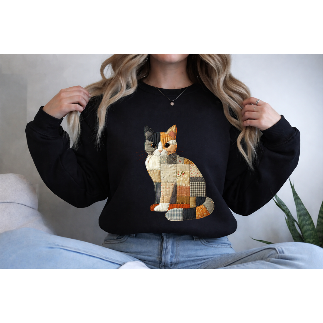 Patchwork Cat Sweatshirt | Cozy Woodland Animal Crewneck – Ember Heights