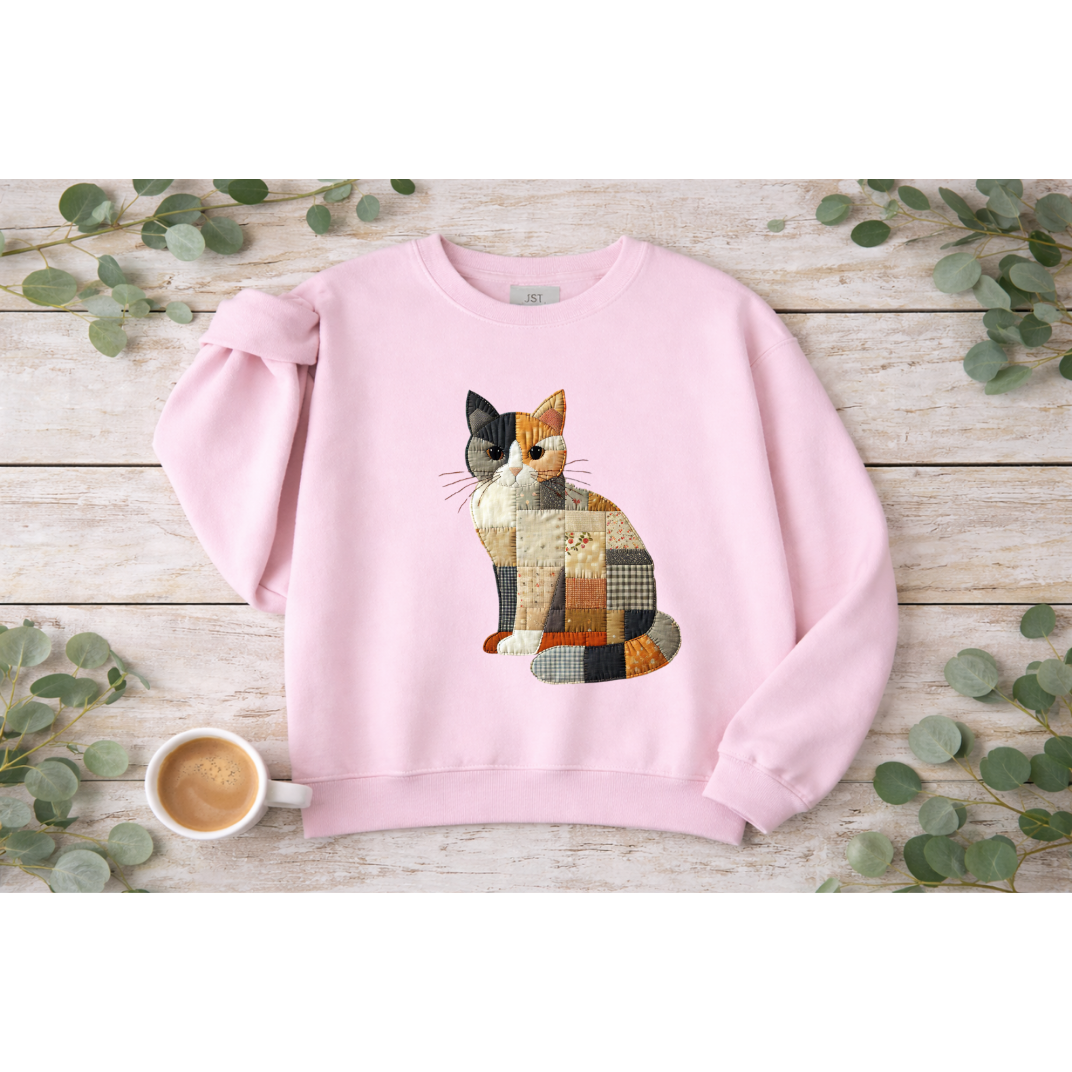 Patchwork Cat Sweatshirt | Cozy Woodland Animal Crewneck – Ember Heights