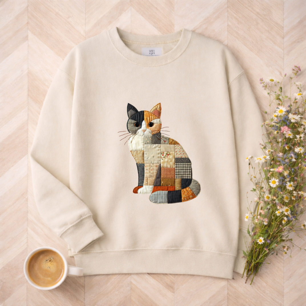 Patchwork Cat Sweatshirt | Cozy Woodland Animal Crewneck – Ember Heights