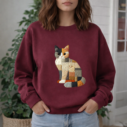 Patchwork Cat Sweatshirt | Cozy Woodland Animal Crewneck – Ember Heights