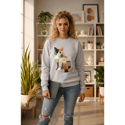 Patchwork Cat Sweatshirt | Cozy Woodland Animal Crewneck – Ember Heights
