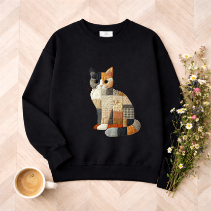 Patchwork Cat Sweatshirt | Cozy Woodland Animal Crewneck – Ember Heights