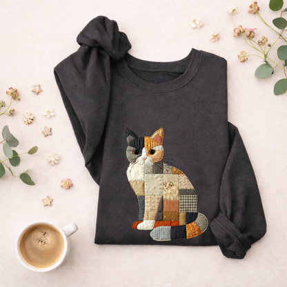 Patchwork Cat Sweatshirt | Cozy Woodland Animal Crewneck – Ember Heights
