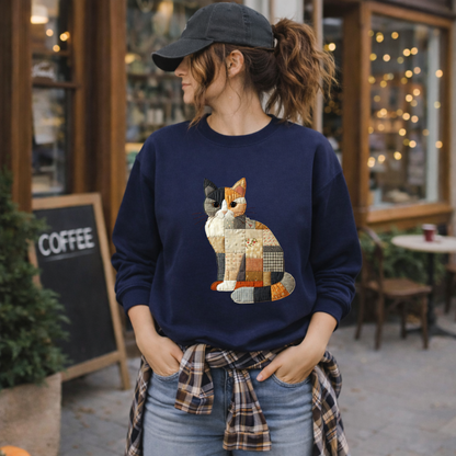 Patchwork Cat Sweatshirt | Cozy Woodland Animal Crewneck – Ember Heights