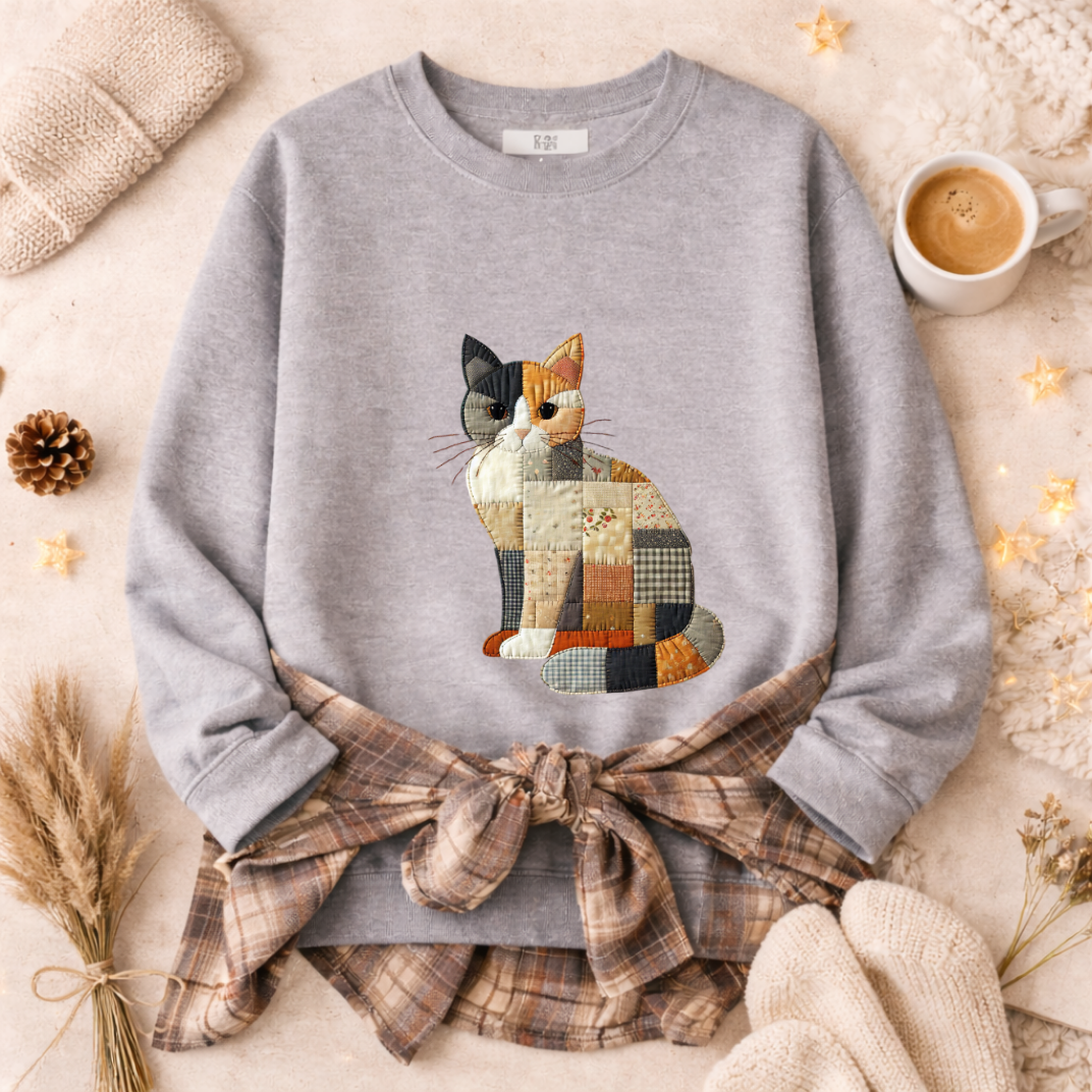 Patchwork Cat Sweatshirt | Cozy Woodland Animal Crewneck – Ember Heights