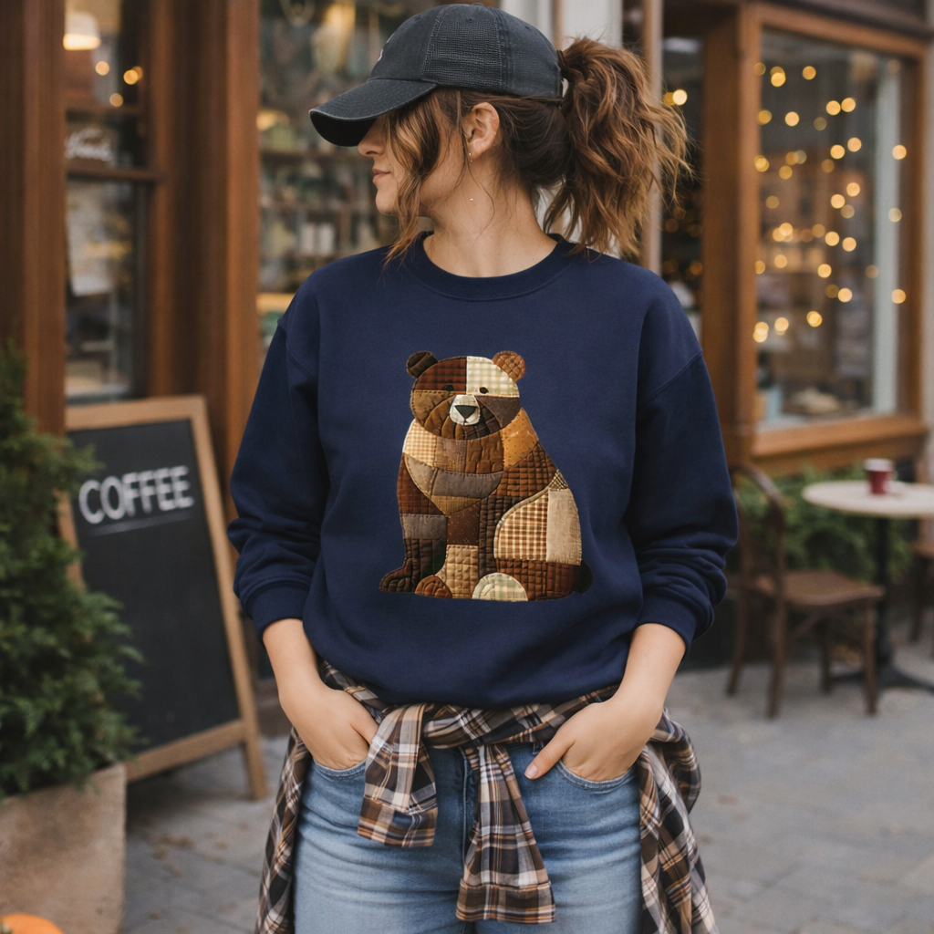 Patchwork Bear Sweatshirt | Cozy Woodland Animal Crewneck – Ember Heights