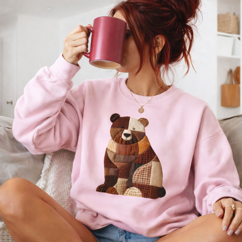 Patchwork Bear Sweatshirt | Cozy Woodland Animal Crewneck – Ember Heights
