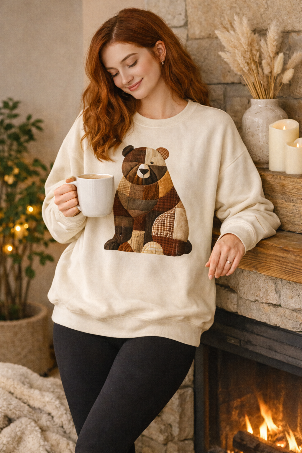 Patchwork Bear Sweatshirt | Cozy Woodland Animal Crewneck – Ember Heights