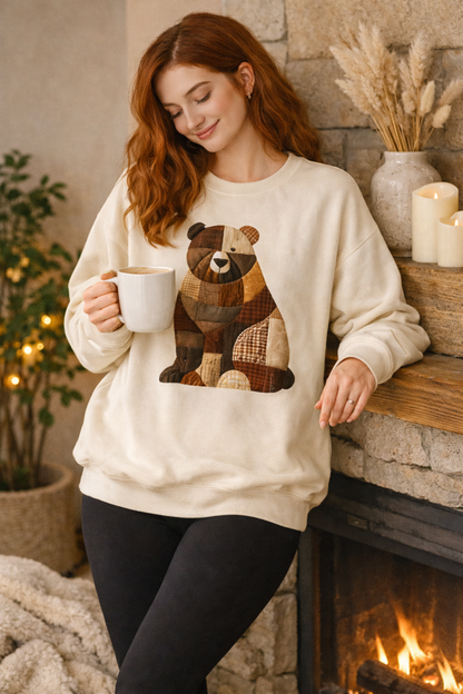 Patchwork Bear Sweatshirt | Cozy Woodland Animal Crewneck – Ember Heights