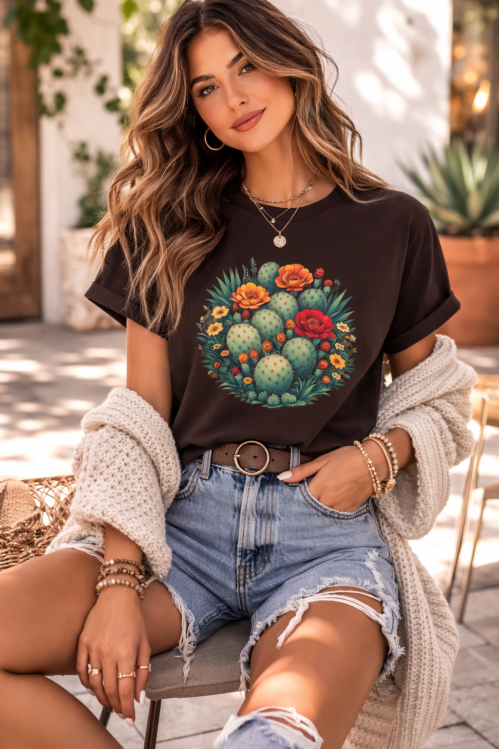 Desert Botanical Cactus Flower T-Shirt | Prickly Pear Plant Graphic Tee