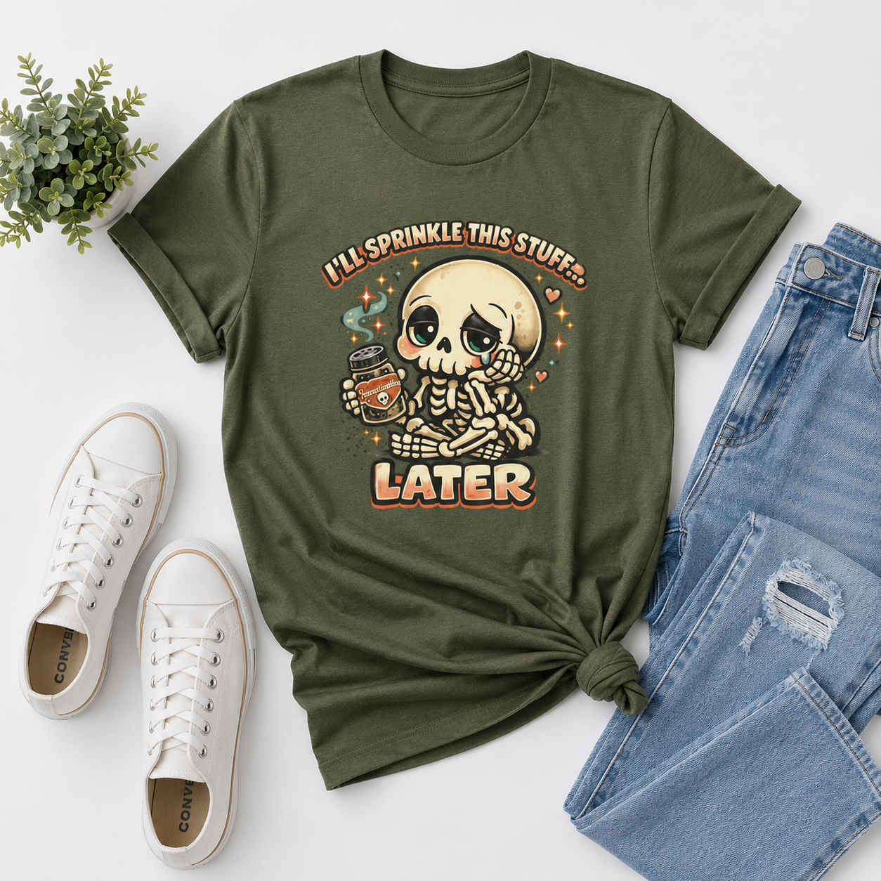 I'll Sprinkle This Stuff Later Skeleton Graphic T-Shirt | Funny Retro Procrastination Tee