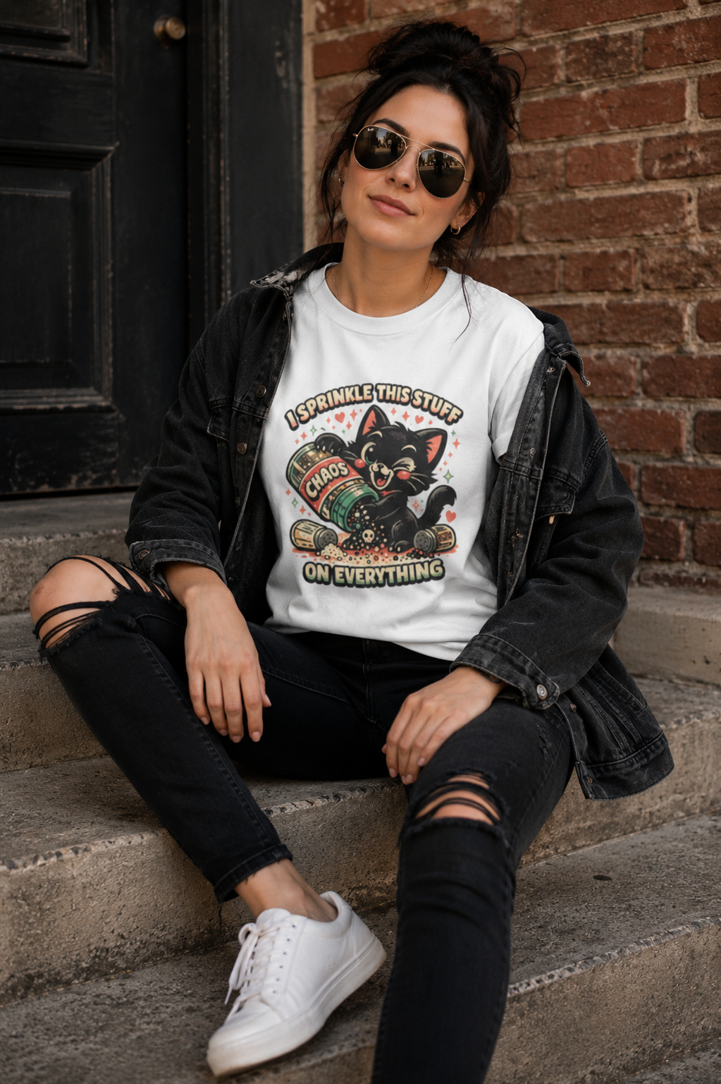 I Sprinkle This Stuff on Everything Cat T-Shirt | Funny Retro Chaos Cat Graphic Tee