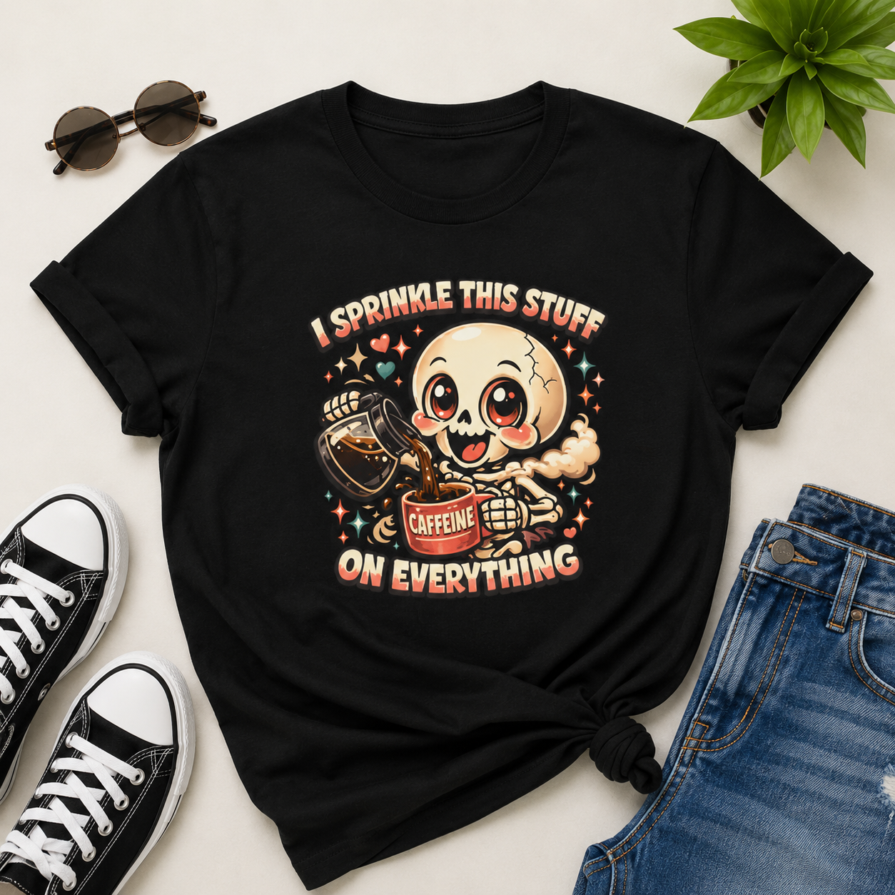 I Sprinkle This Stuff on Everything Coffee Skeleton T-Shirt | Funny Caffeine Lover Graphic Tee