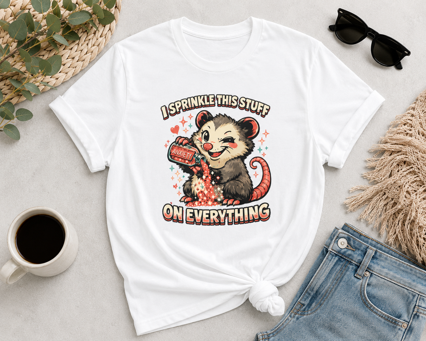 I Sprinkle This Stuff On Everything | Funny Anxiety Possum Graphic T-Shirt