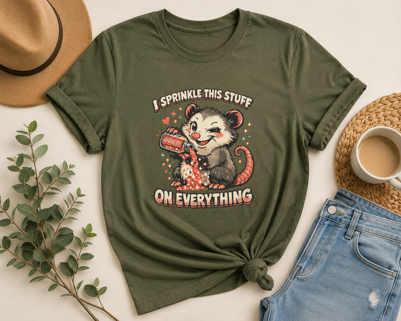 I Sprinkle This Stuff On Everything | Funny Anxiety Possum Graphic T-Shirt