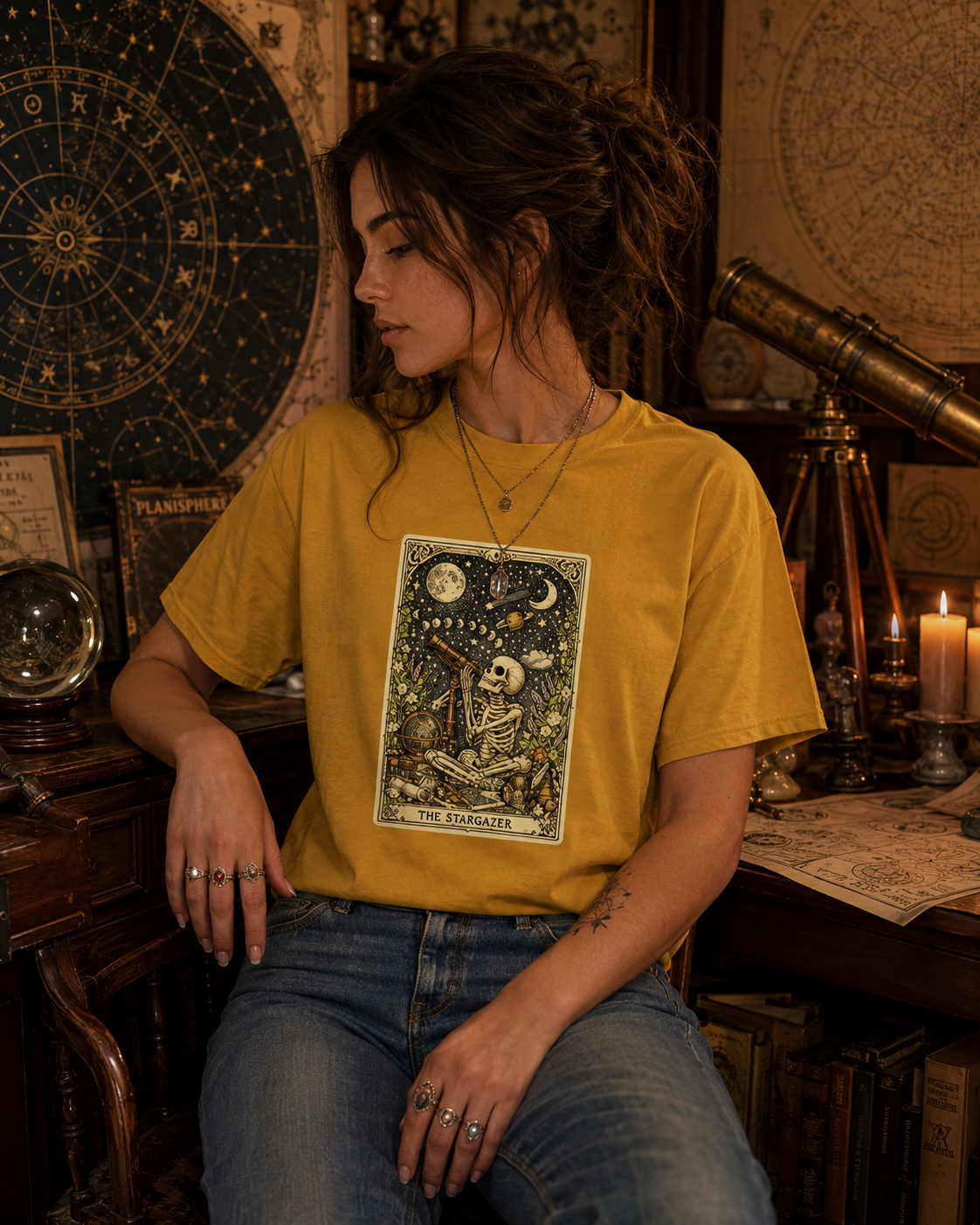 The Stargazer Tarot Skeleton T-Shirt | Celestial Gothic Mystic Graphic Tee