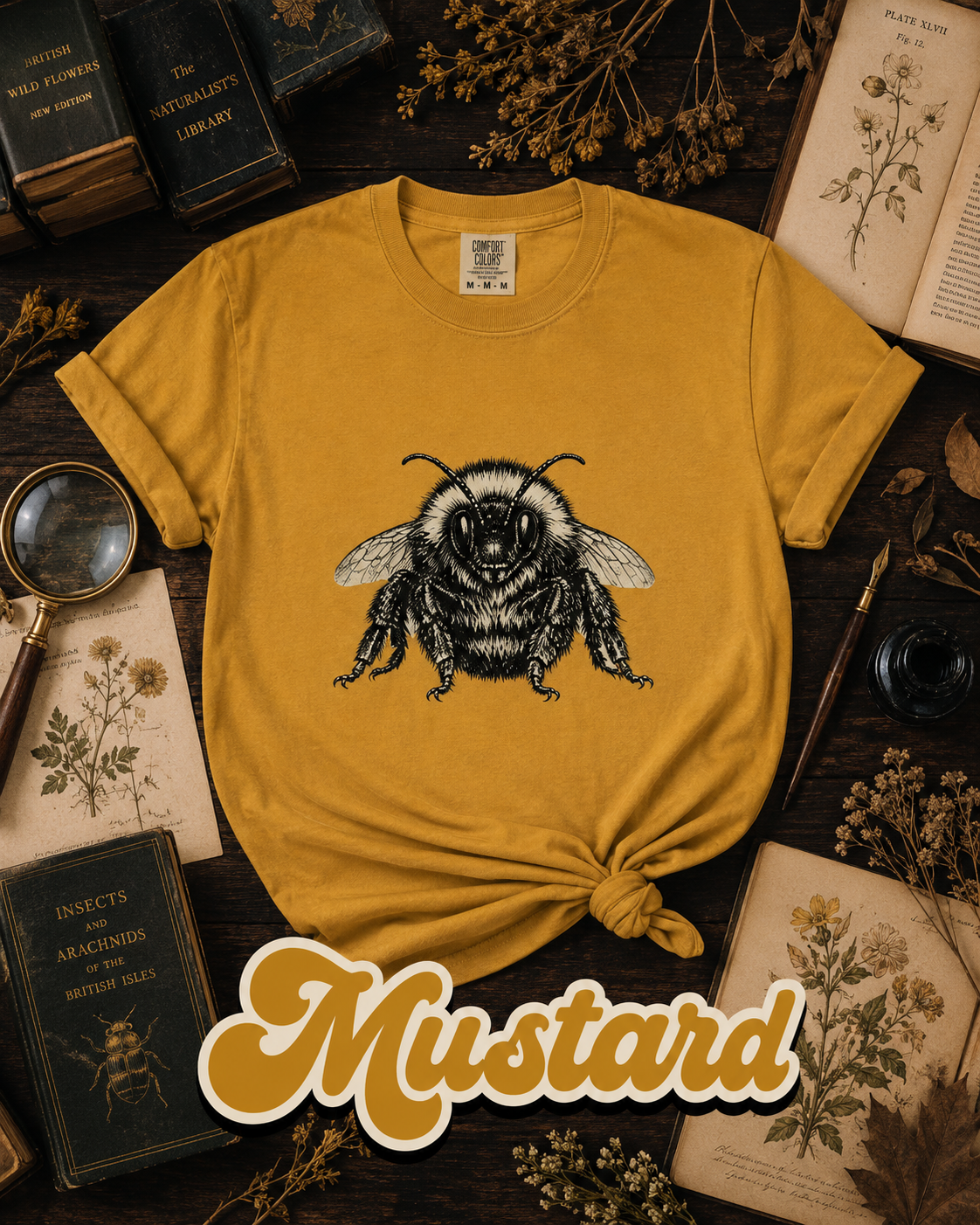 Vintage Bumblebee Botanical Illustration Graphic T-Shirt