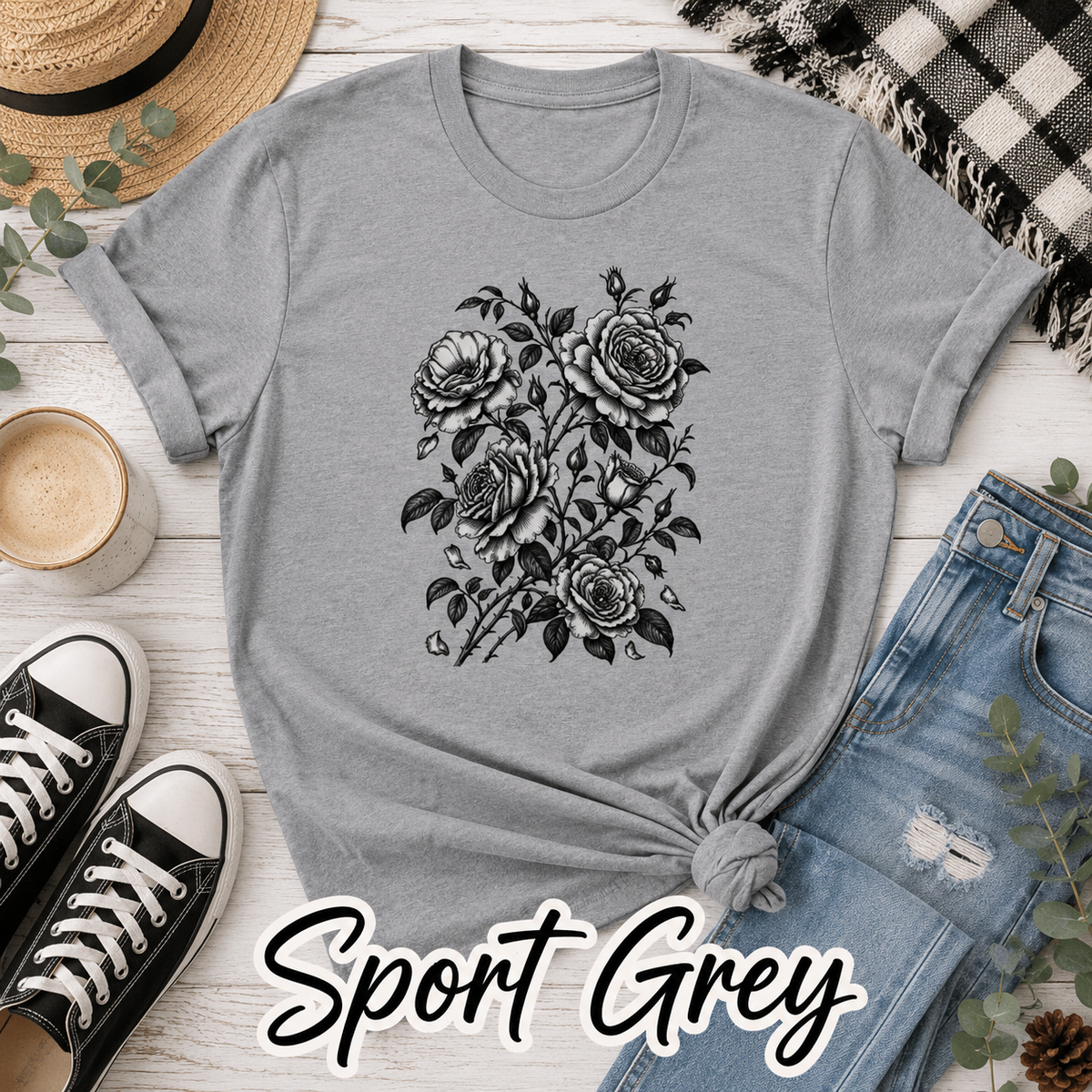 Vintage Rose T-Shirt | Black & White Botanical Floral Tee