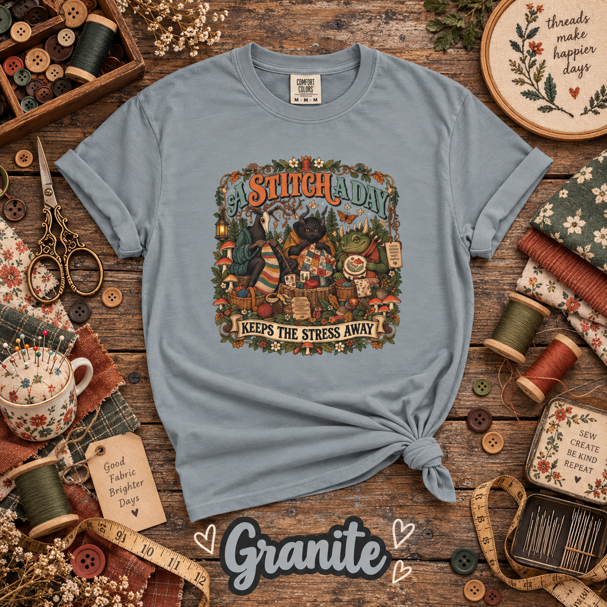 A Stitch a Day Keeps the Stress Away T-Shirt | Cozy Cryptid Craft Tee