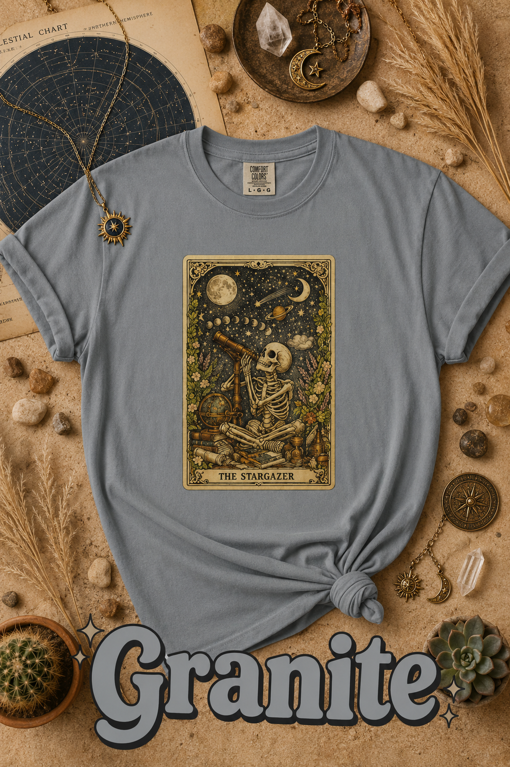 The Stargazer Skeleton Celestial Tarot Graphic T-Shirt