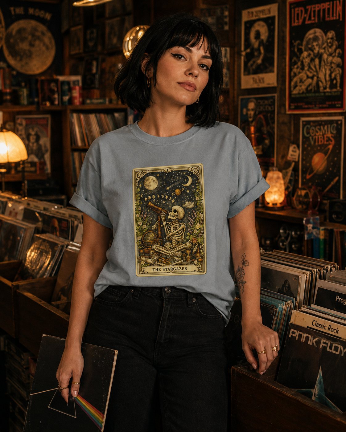 The Stargazer Skeleton Celestial Tarot Graphic T-Shirt