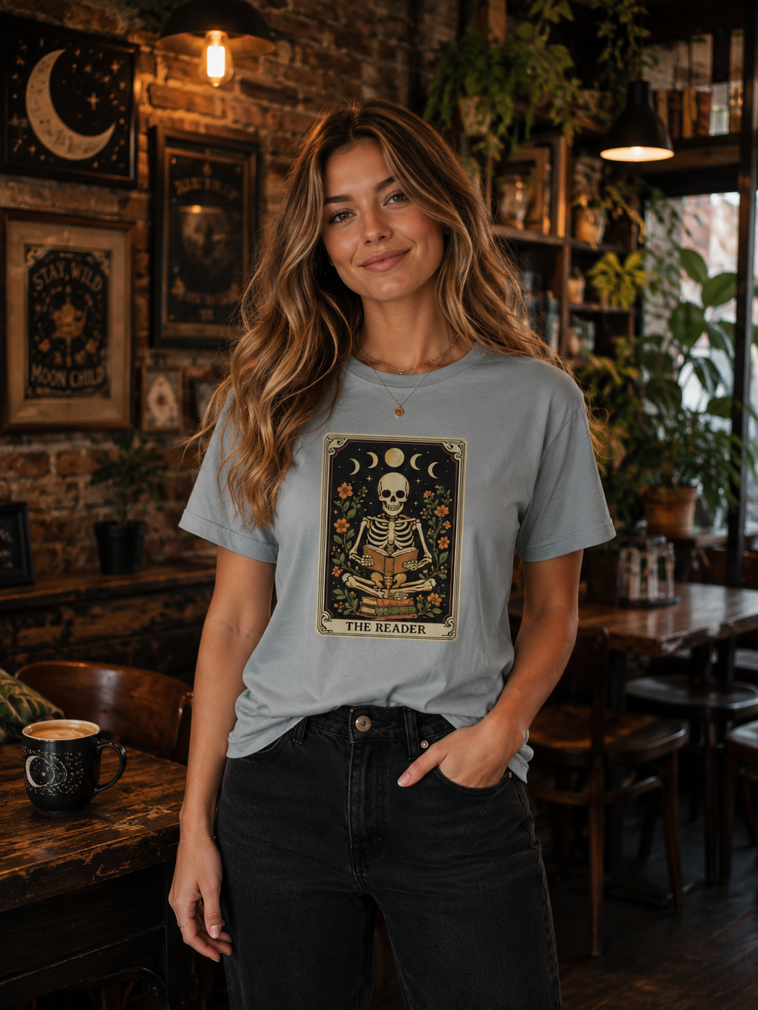 The Reader Skeleton Book Lover Tarot Graphic T-Shirt