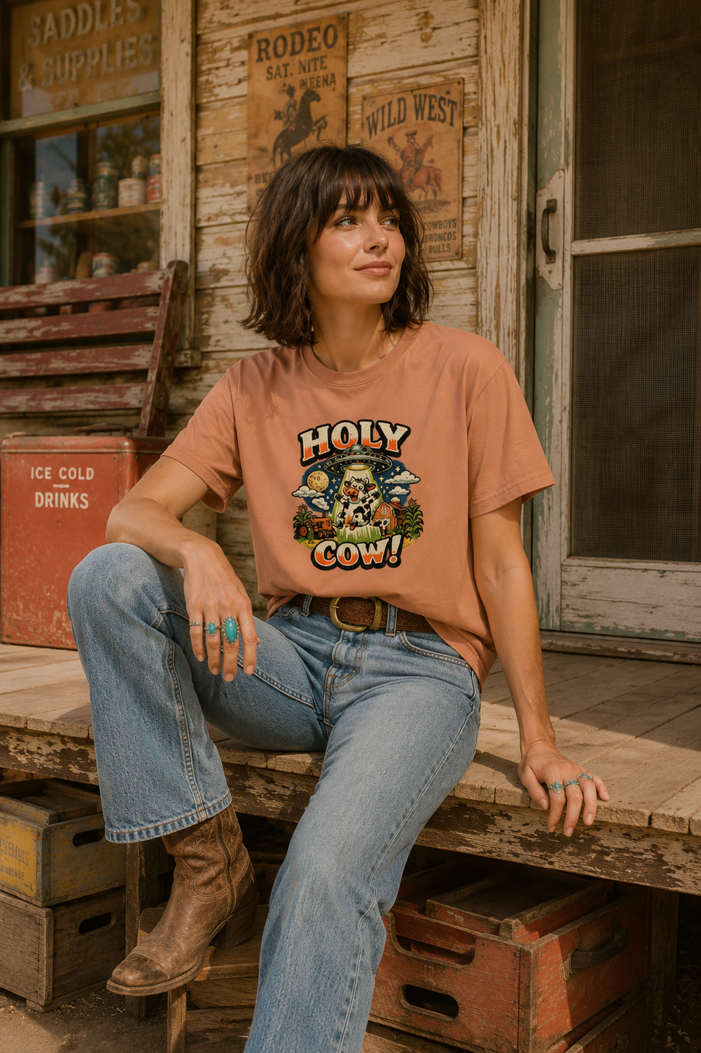 Holy Cow UFO Alien Abduction Funny Graphic T-Shirt