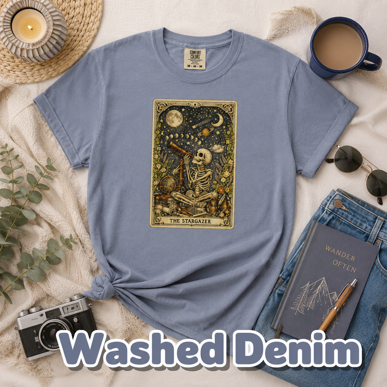 The Stargazer Tarot Skeleton T-Shirt | Celestial Gothic Mystic Graphic Tee