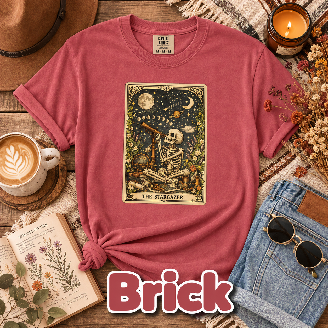 The Stargazer Tarot Skeleton T-Shirt | Celestial Gothic Mystic Graphic Tee