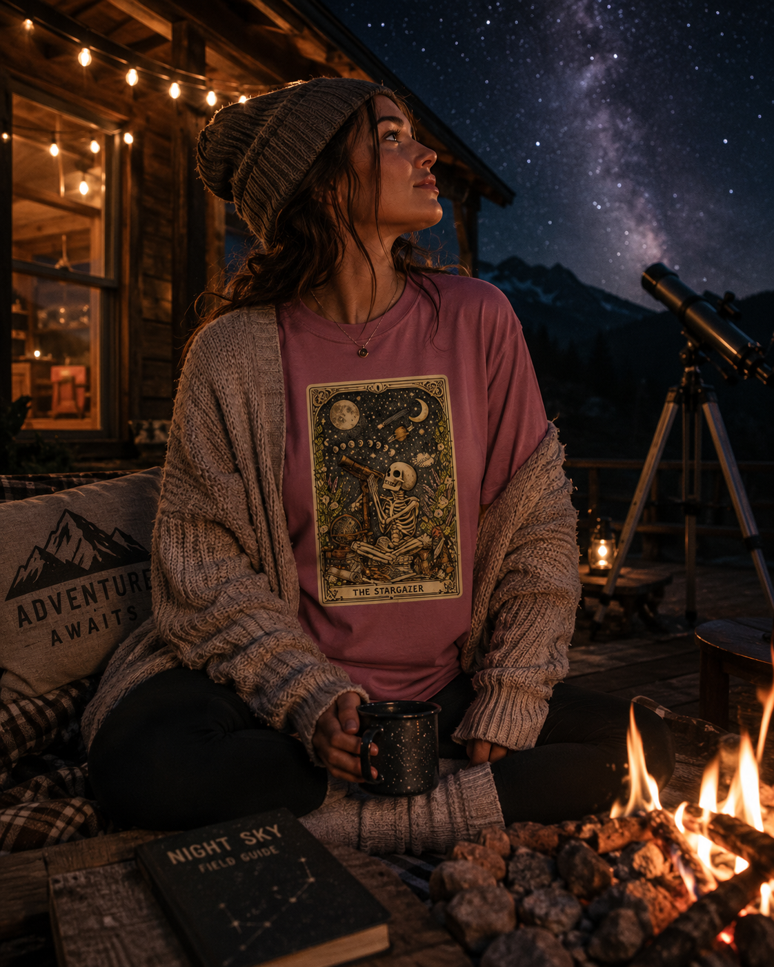 The Stargazer Tarot Skeleton T-Shirt | Celestial Gothic Mystic Graphic Tee